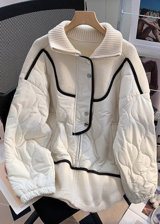 Beige Button Knit Patchwork Parka Stand Collar Winter