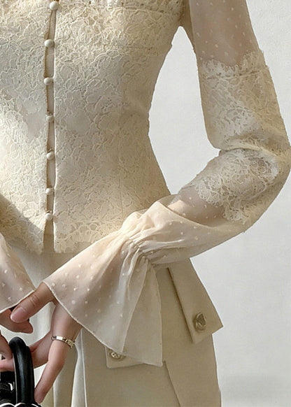 Beige Button Lace Patchwork Blouse Ruffled Flare Sleeve