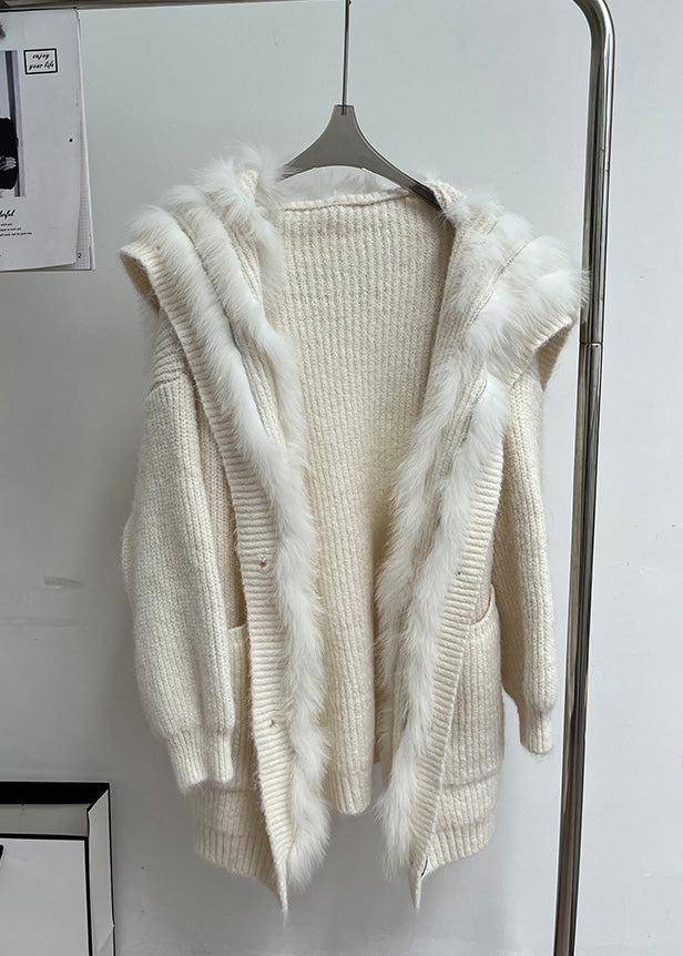 Beige Button Pockets Patchwork Knit Fall Coat Fox Collar