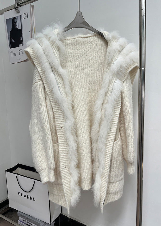 Beige Button Pockets Patchwork Knit Fall Coat Fox Collar