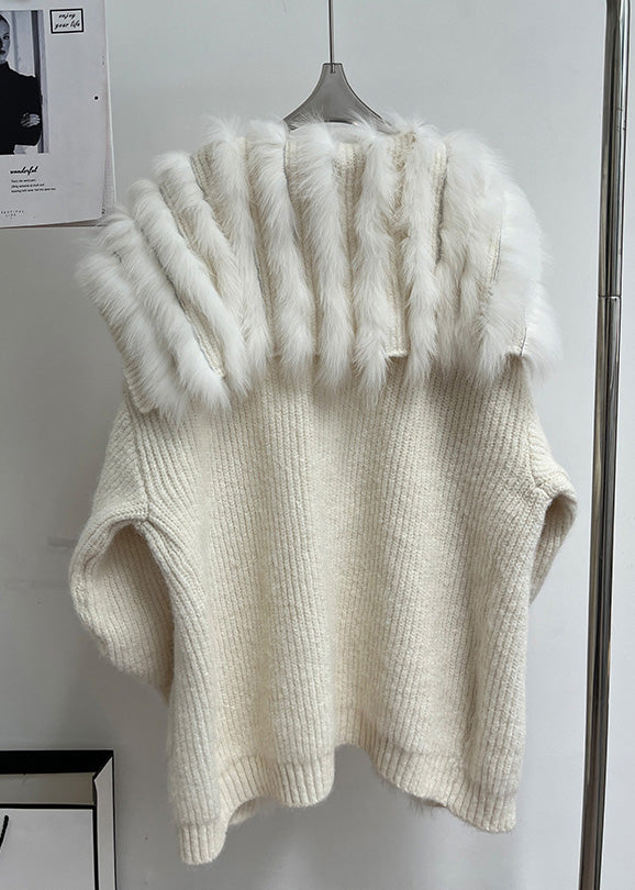 Beige Button Pockets Patchwork Knit Fall Coat Fox Collar