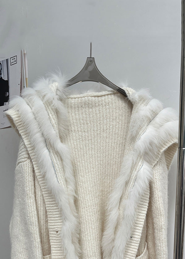 Beige Button Pockets Patchwork Knit Fall Coat Fox Collar