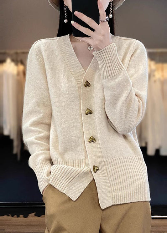 Beige Button Solid Knit Coats V Neck Spring