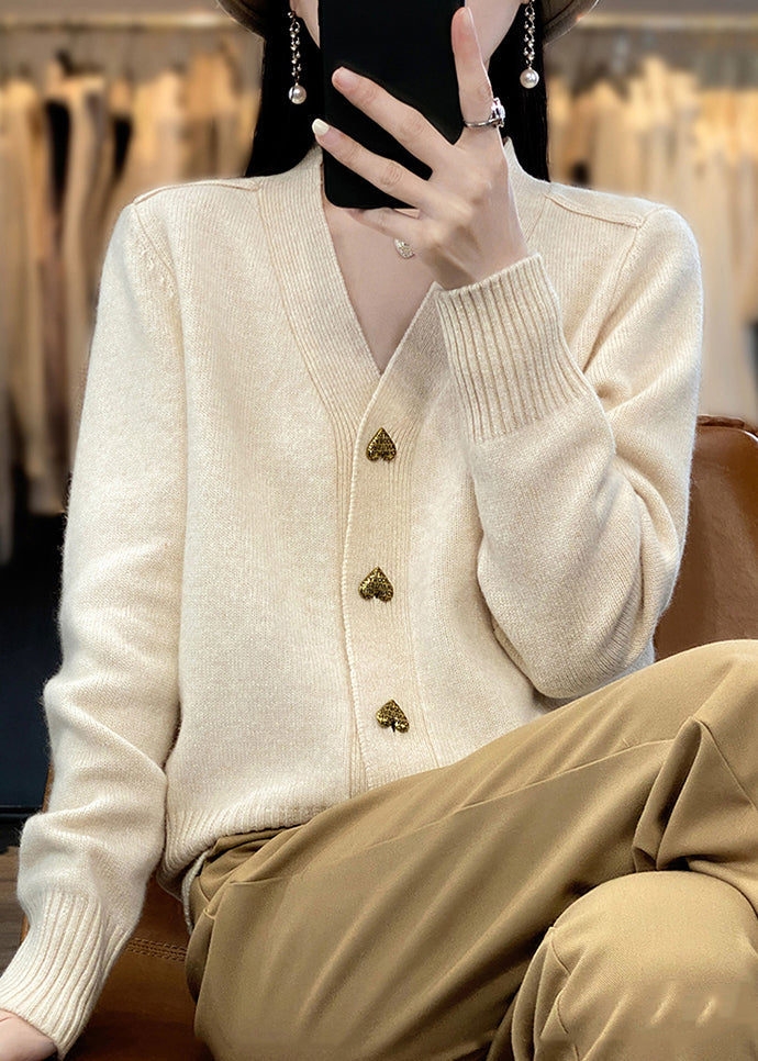 Beige Button Solid Knit Coats V Neck Spring