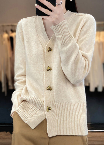 Beige Button Solid Knit Coats V Neck Spring