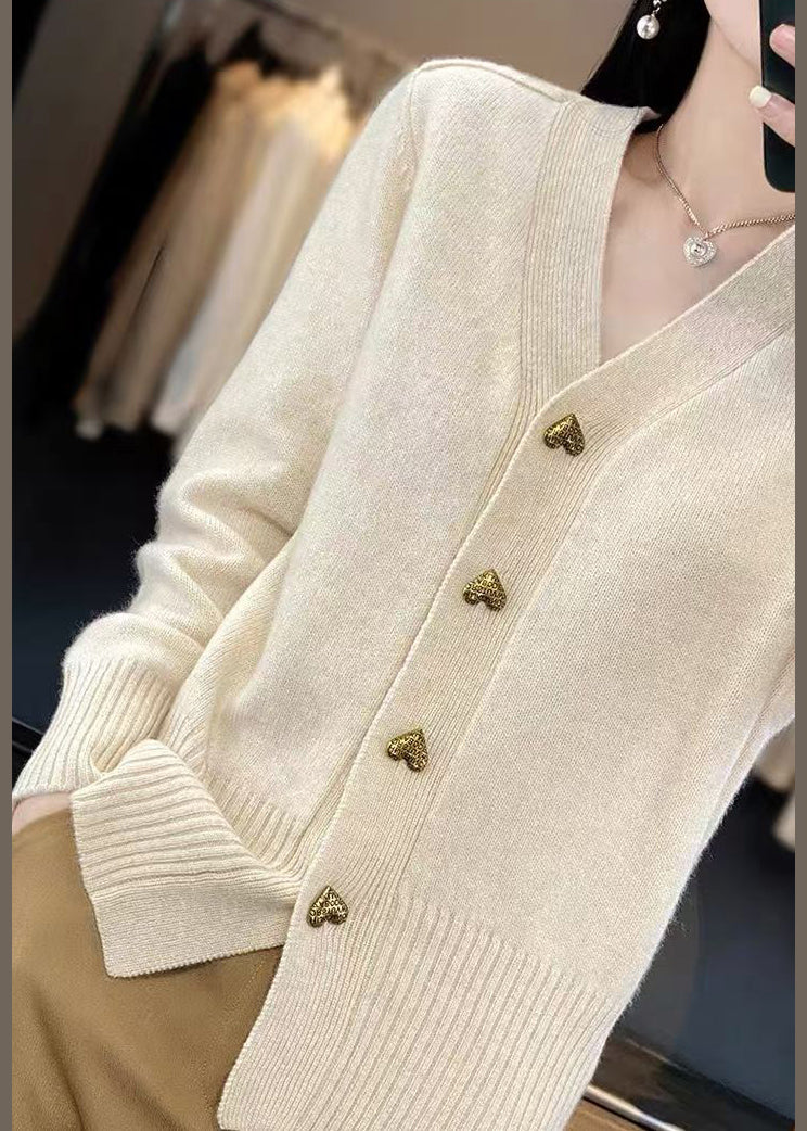 Beige Button Solid Knit Coats V Neck Spring