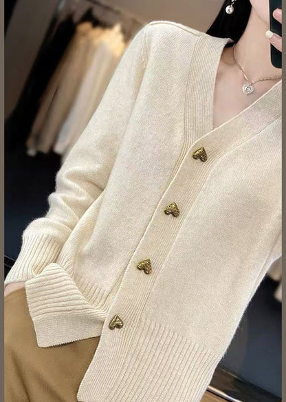 Beige Button Solid Knit Coats V Neck Spring