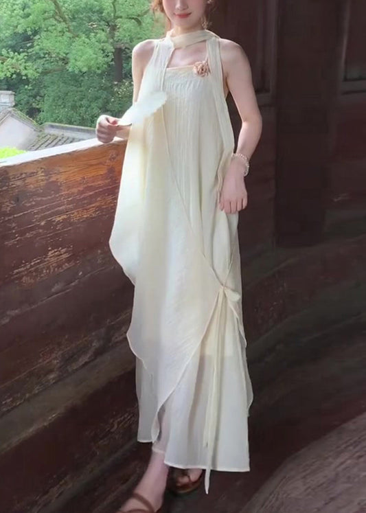 Beige Chiffon Holiday Halter Dress Two Piece Set Asymmetrical Summer