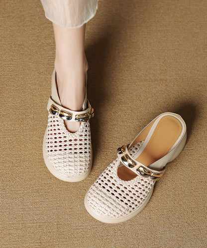 Beige Chunky Cowhide Leather Chic Slide Sandals Hollow Out