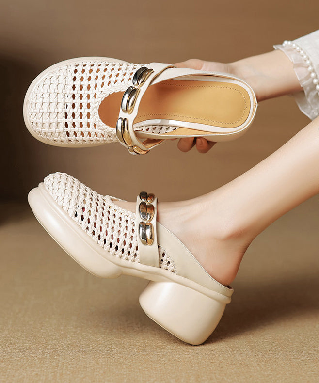 Beige Chunky Cowhide Leather Chic Slide Sandals Hollow Out