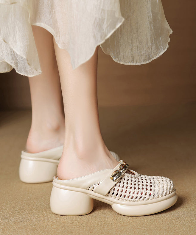 Beige Chunky Cowhide Leather Chic Slide Sandals Hollow Out