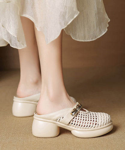 Beige Chunky Cowhide Leather Chic Slide Sandals Hollow Out