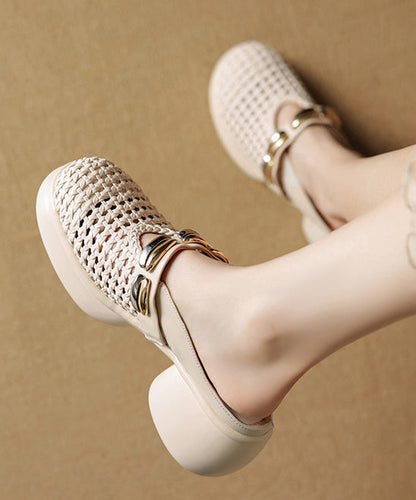 Beige Chunky Cowhide Leather Chic Slide Sandals Hollow Out