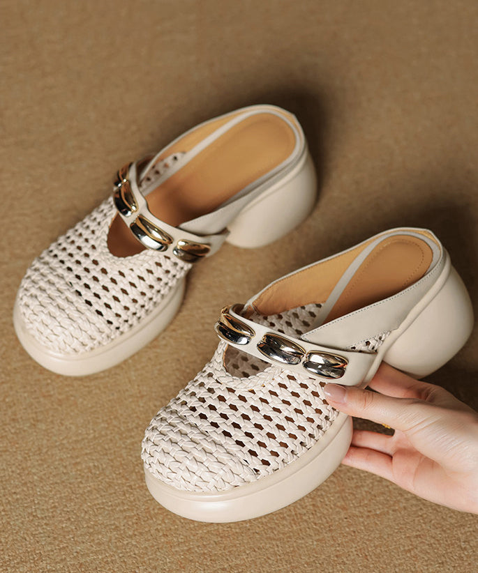 Beige Chunky Cowhide Leather Chic Slide Sandals Hollow Out