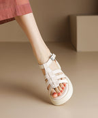 Beige Chunky Heel Faux Leather Art Splicing Sandals Peep Toe