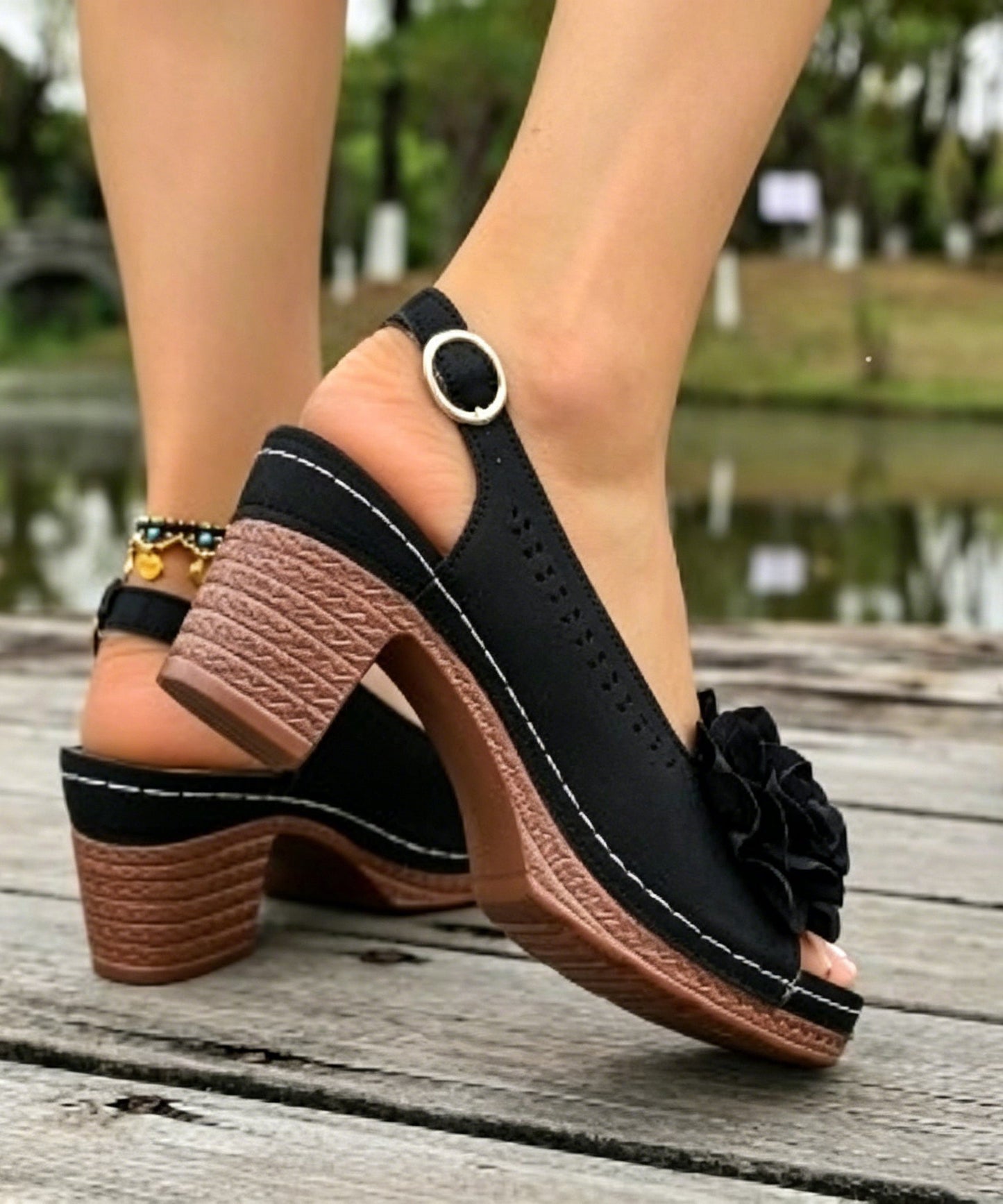 Beige Chunky Sandals Faux Leather Fashion Splicing Floral