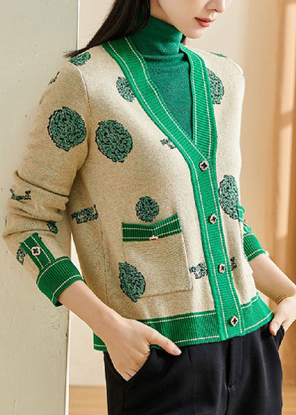 Beige Cotton Knit Sweater Tops V Neck Patchwork Fall