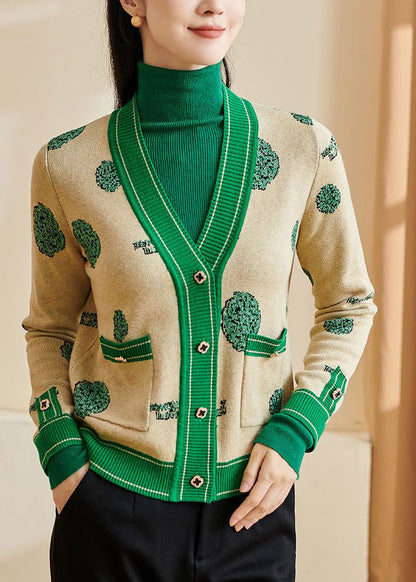 Beige Cotton Knit Sweater Tops V Neck Patchwork Fall