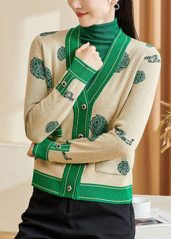 Beige Cotton Knit Sweater Tops V Neck Patchwork Fall