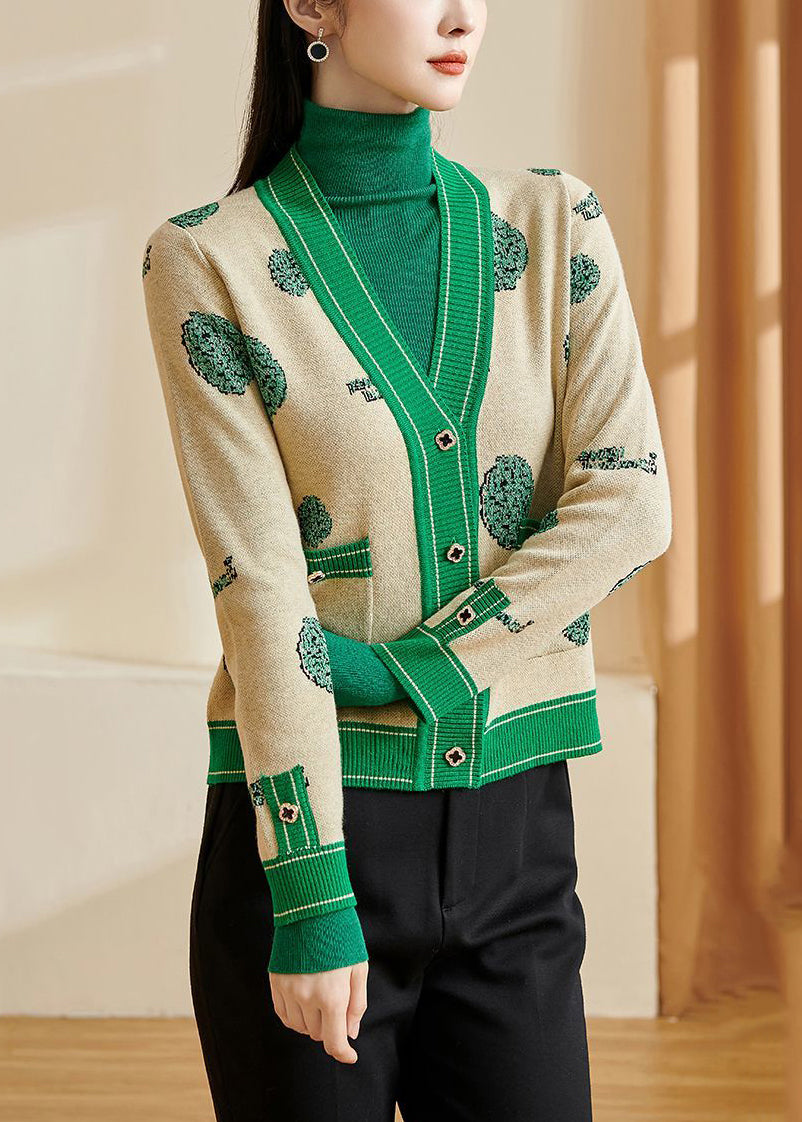 Beige Cotton Knit Sweater Tops V Neck Patchwork Fall