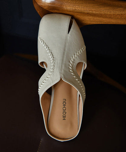 Beige Cowhide Leather Fashion Hollow Out Thong Sandals