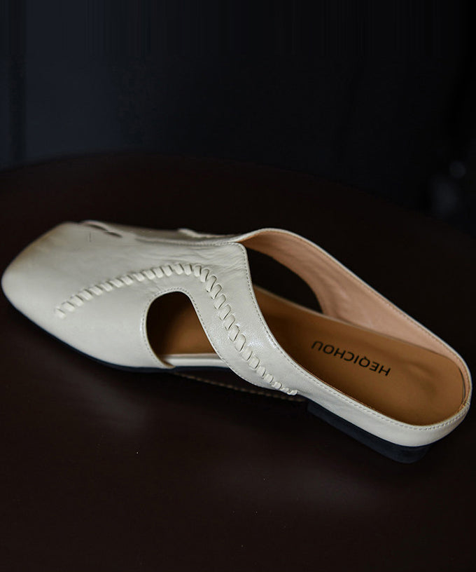Beige Cowhide Leather Fashion Hollow Out Thong Sandals