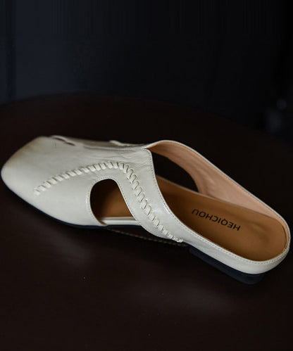 Beige Cowhide Leather Fashion Hollow Out Thong Sandals