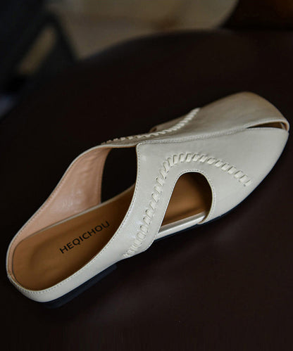 Beige Cowhide Leather Fashion Hollow Out Thong Sandals