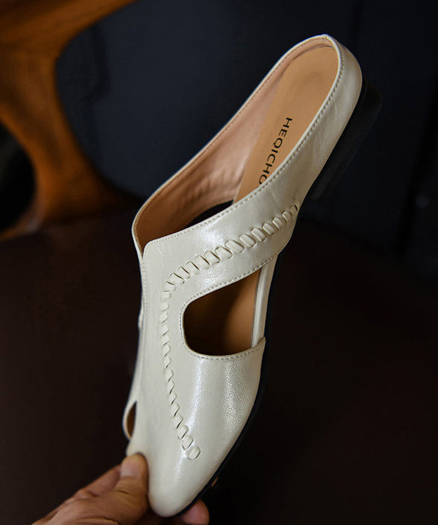 Beige Cowhide Leather Fashion Hollow Out Thong Sandals