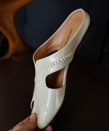 Beige Cowhide Leather Fashion Hollow Out Thong Sandals