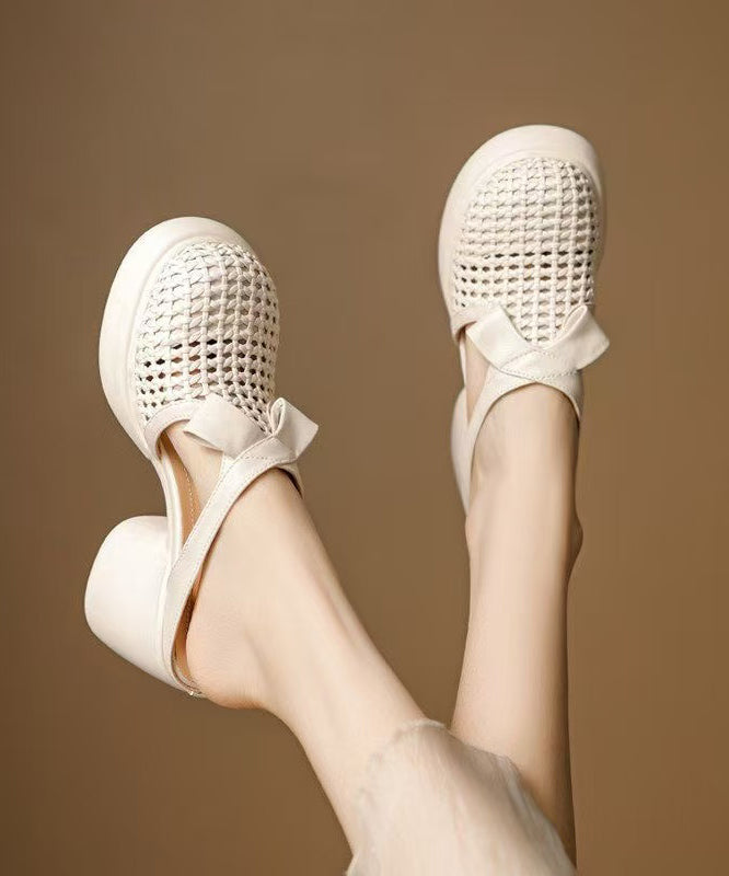Beige Cowhide Leather Splicing Chunky Heel Slide Sandals Hollow Out
