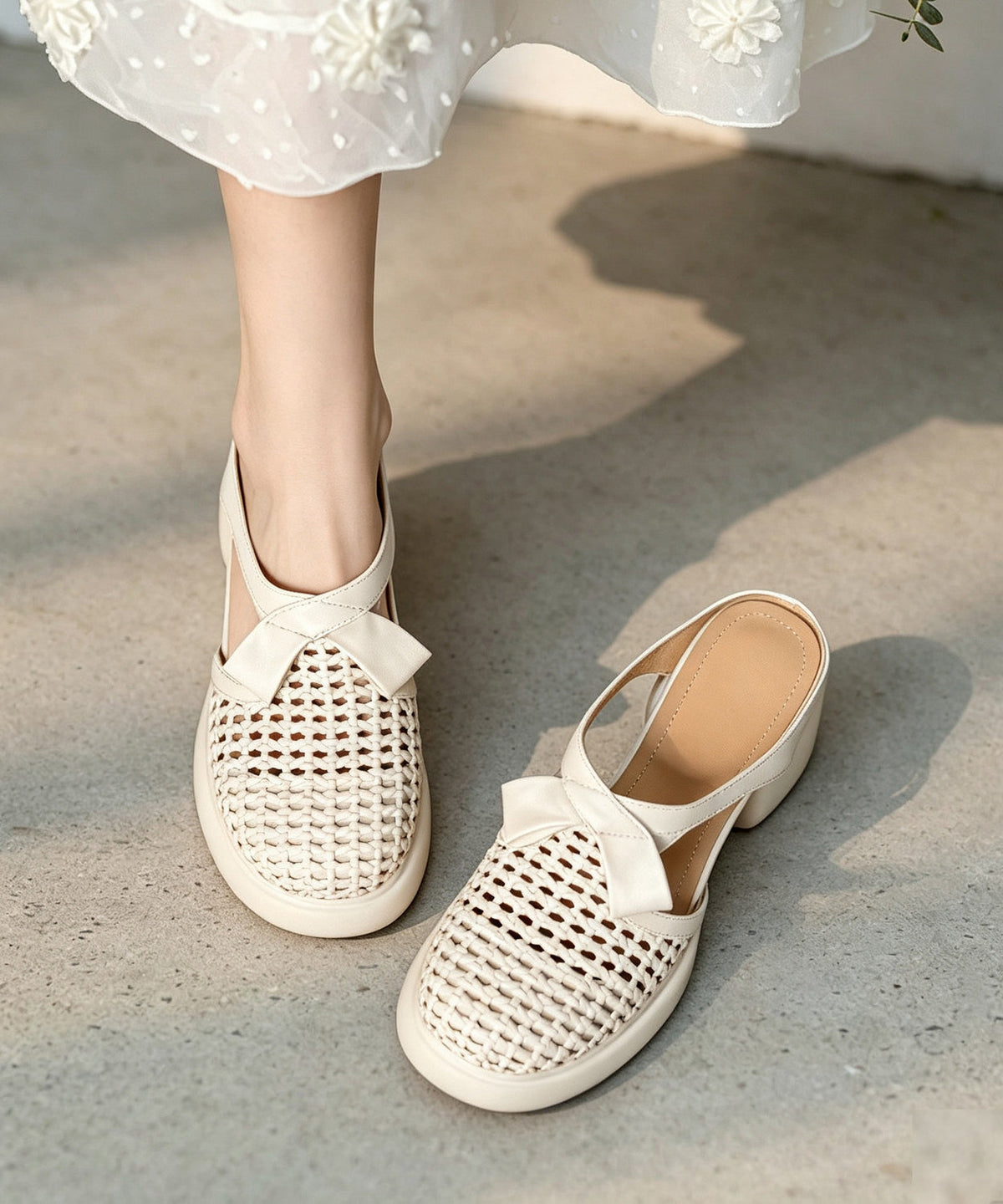 Beige Cowhide Leather Splicing Chunky Heel Slide Sandals Hollow Out