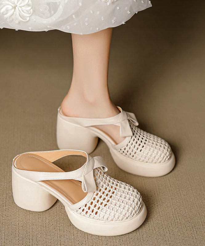 Beige Cowhide Leather Splicing Chunky Heel Slide Sandals Hollow Out