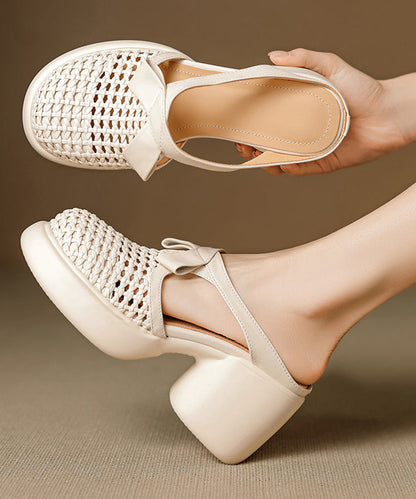 Beige Cowhide Leather Splicing Chunky Heel Slide Sandals Hollow Out