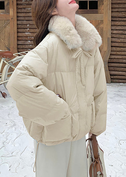 Beige Drawstring Patchwork Duck Down Down Coat Fur Collar