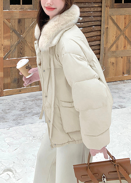 Beige Drawstring Patchwork Duck Down Down Coat Fur Collar