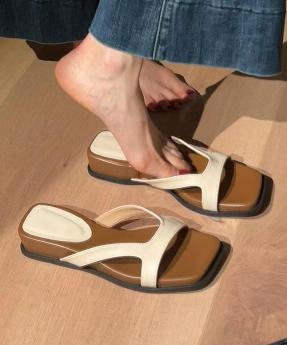 Beige Faux Leather Splicing Platform Slide Sandals Peep Toe