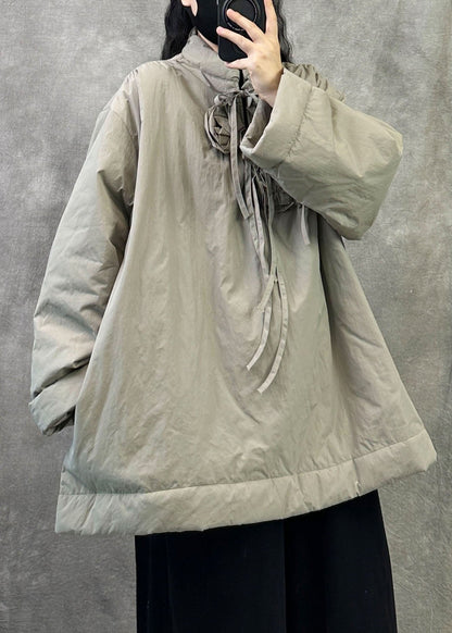 Beige Fine Cotton Filled Pullover Puffer Jacket Stand Collar Winter
