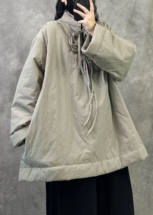Beige Fine Cotton Filled Pullover Puffer Jacket Stand Collar Winter