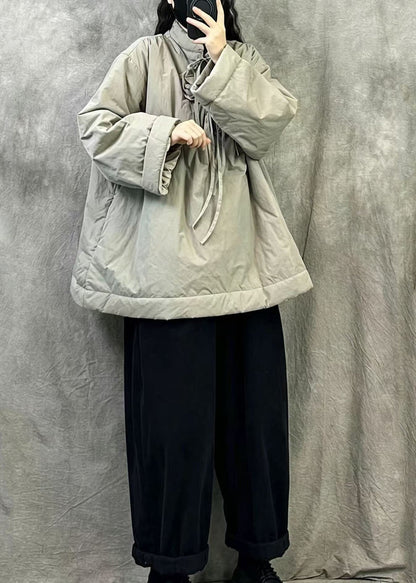 Beige Fine Cotton Filled Pullover Puffer Jacket Stand Collar Winter