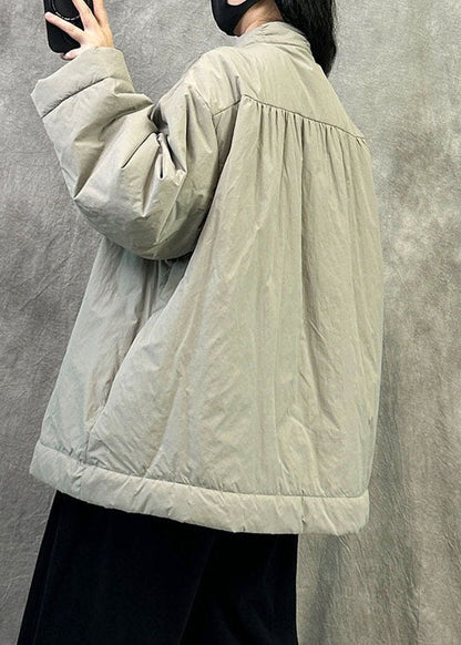 Beige Fine Cotton Filled Pullover Puffer Jacket Stand Collar Winter