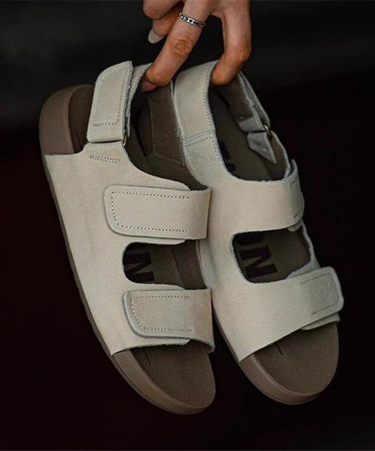 Beige Flat Sandals Cowhide Leather Women Peep Toe Hiking Sandals