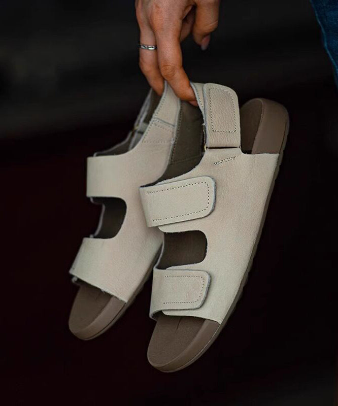Beige Flat Sandals Cowhide Leather Women Peep Toe Hiking Sandals