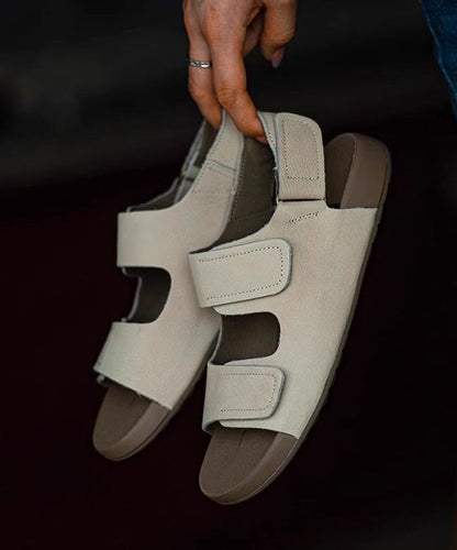 Beige Flat Sandals Cowhide Leather Women Peep Toe Hiking Sandals