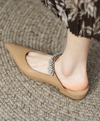 Beige Flat Sandals Faux Leather Pointed Toe Fashion Splicing Zircon