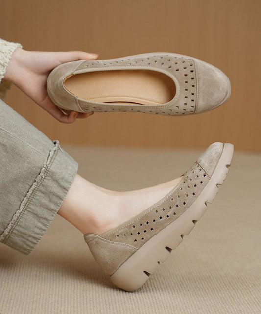Beige Flat Shoes For Women Sheepskin Retro Hollow Out Flat Shoes