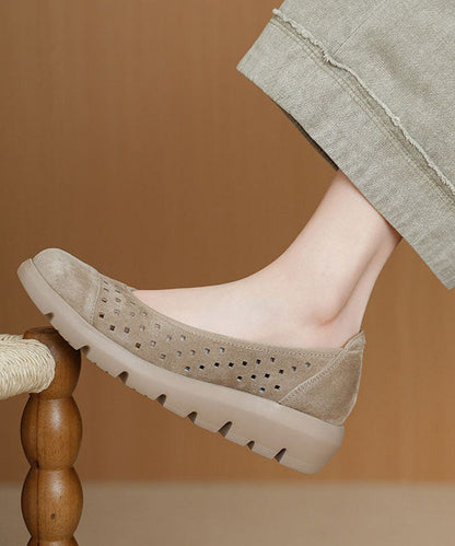 Beige Flat Shoes For Women Sheepskin Retro Hollow Out Flat Shoes