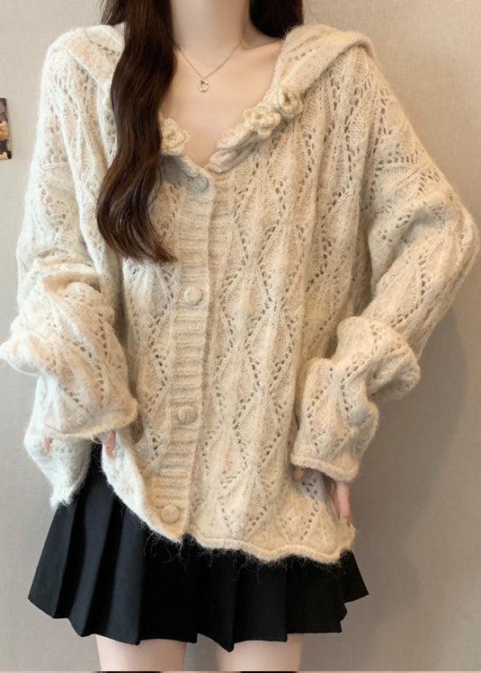 Beige Floral Button Cozy Knit Cardigan Tops Hollow Out