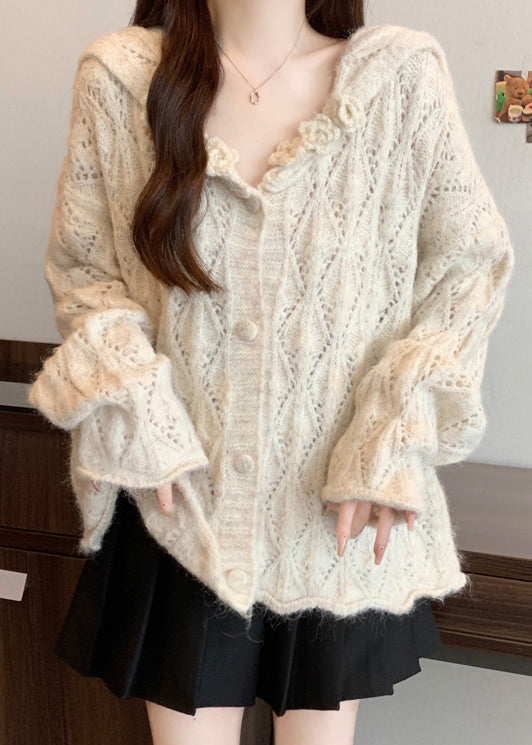 Beige Floral Button Cozy Knit Cardigan Tops Hollow Out