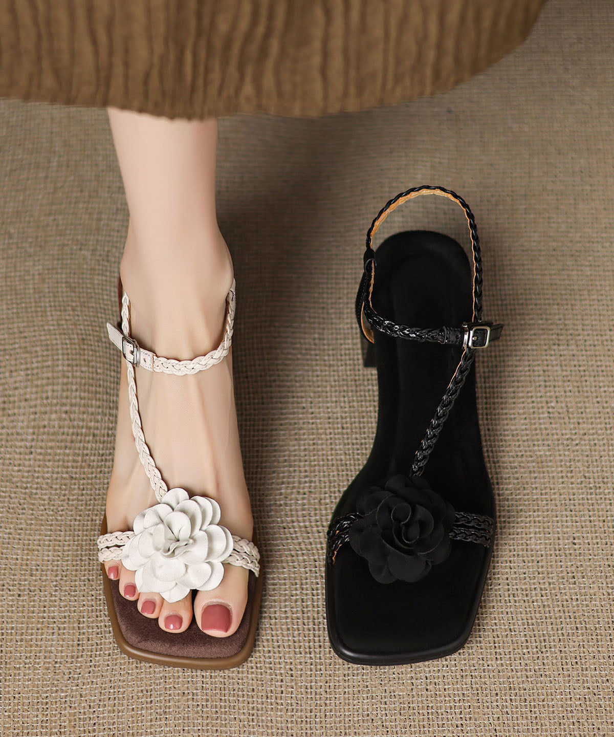 Beige Floral Cowhide Leather Splicing Boho Chunky Sandals